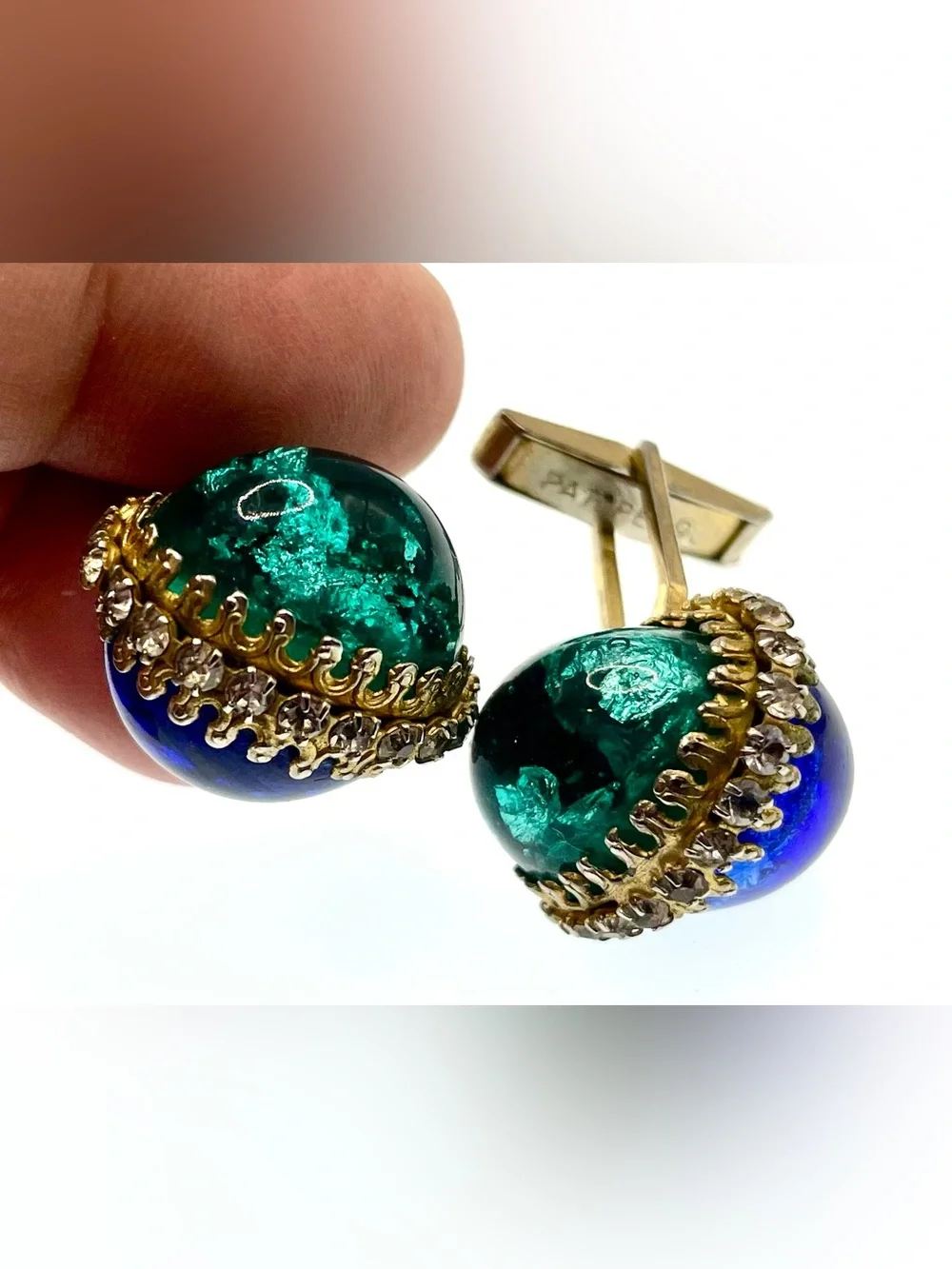 Vintage Blue Green Art Glass Rhinestone Gold Tone Cufflinks MCM Statement